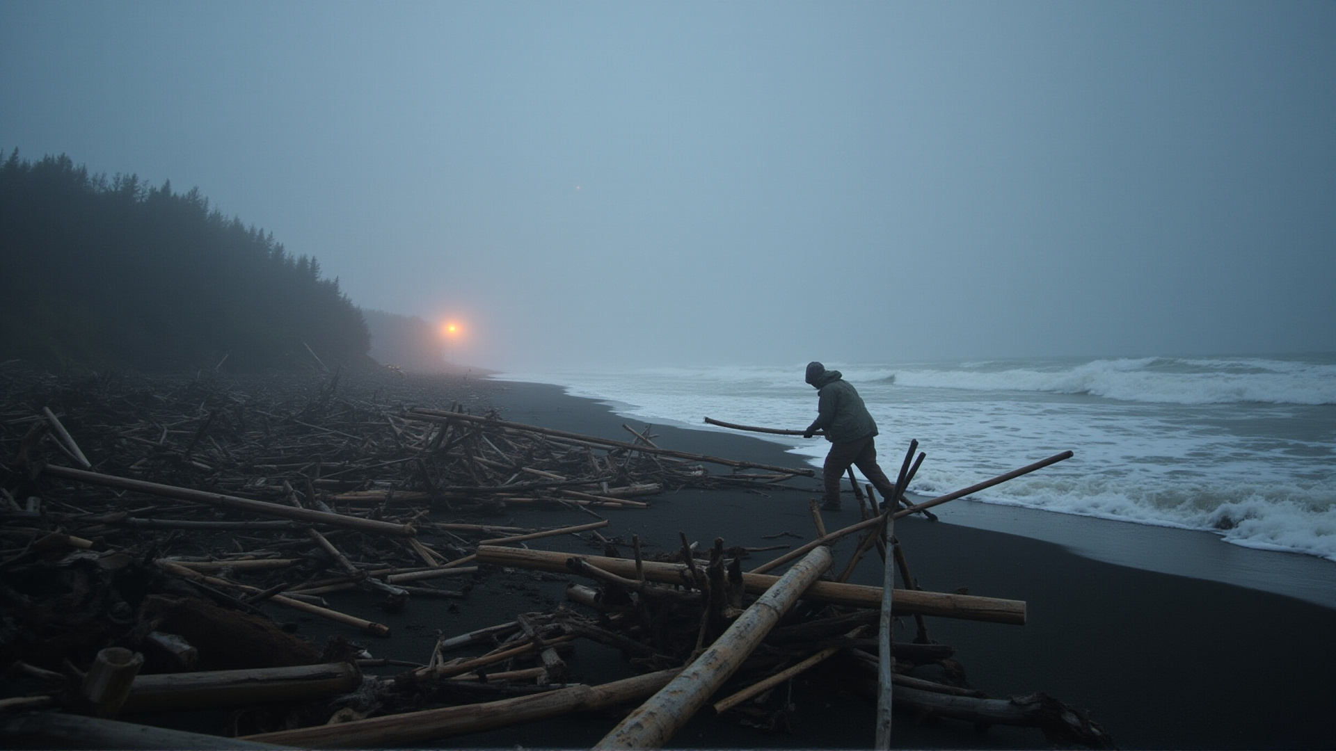 Era 1: Driftwood & Salvage — beach camp with salvaged planks