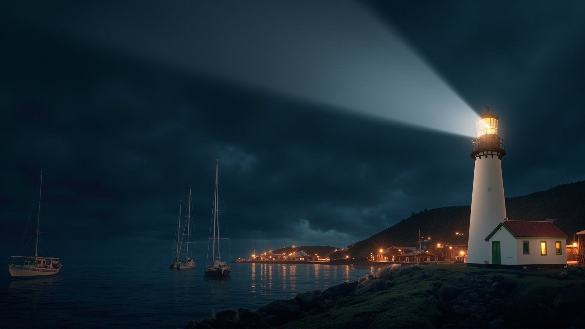 Era 5: Light & Signal — the lighthouse restored, the island glowing